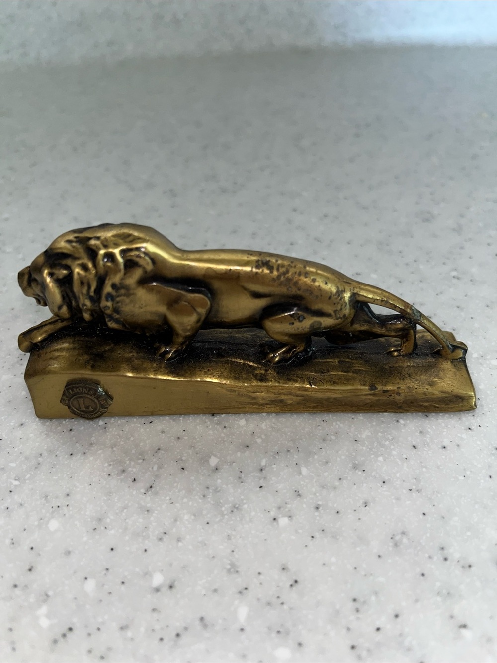 Vtg Lions Club Brass Desk Paperweight Statue Crouching Lion Decor 4.25”